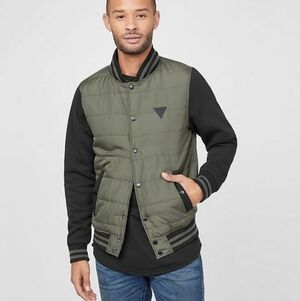 Guess Jacket Mens Large Green Black Hooded Quilted Puffer Varsity Bomber Snap